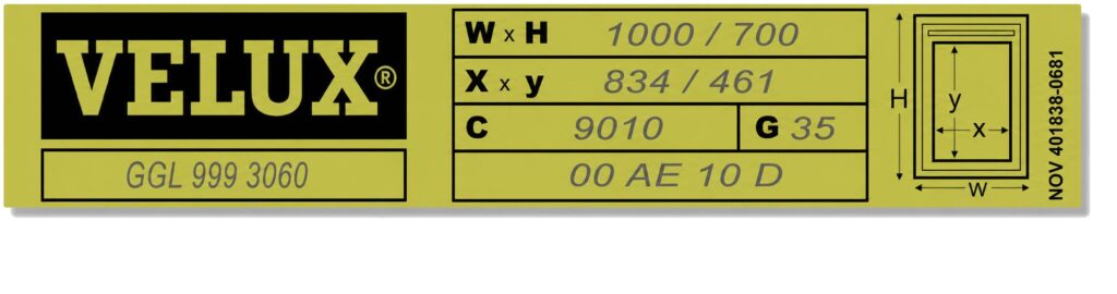 Velux Typenschild Sondermaß 999 Baujahr 1991 bis 2000 mit Scheibenmaß