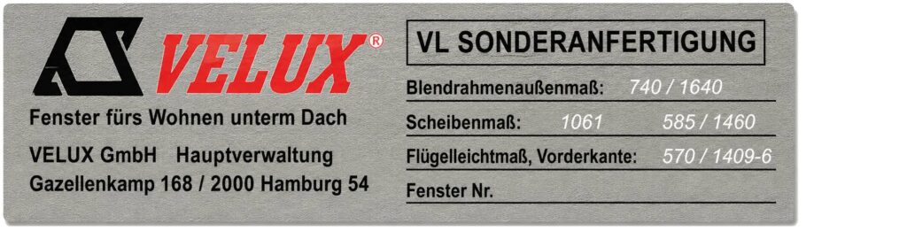 Velux Typenschild VL Sonderanfertigung vor 1991 mit Scheibenmaß