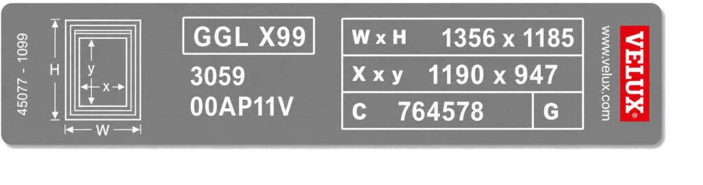 Velux Typenschild Sondermaß X99 Baujahr 2000 bis 2013 mit Scheibenmaß