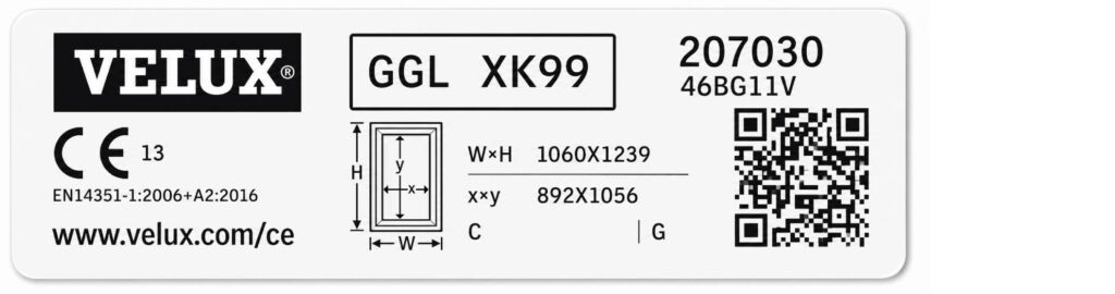 Velux Typenschild Sondermaß XK99 seit 2013 mit Scheibenmaß x mal y