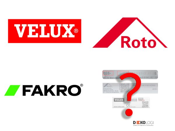 Logos von Velux, Roto und Fakro und Symbol für fehlendes Typenschild