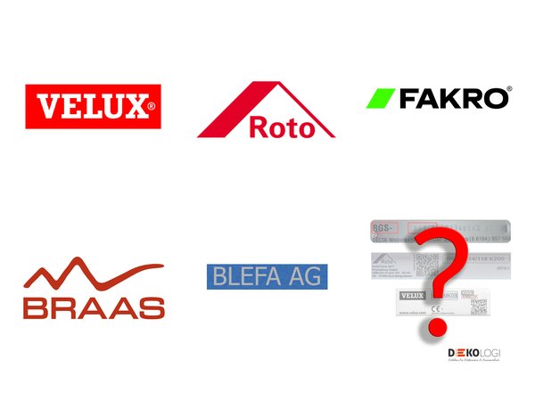 Logos von Velux, Roto, Fakro, Braas, Blefa und Auswahl ohne Typenschild
