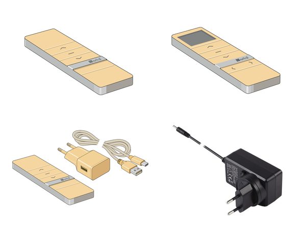 Fernbedienungen, USB-Netzteil und Ladegerät für das elektrische Rollo