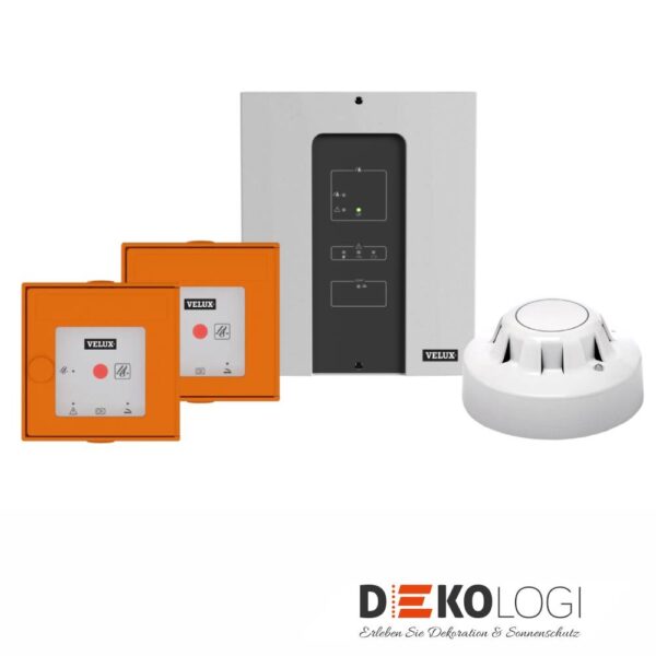 VELUX RWA-Paket KFX S3054: Steuerzentrale KFC 305, zwei Hauptbedienstellen KFK 304 in Orange und Rauchmelder KFA 100