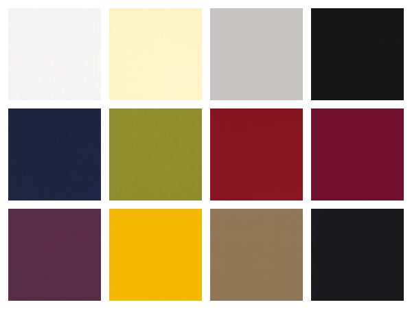 Stoffmuster für Lamellenvorhänge in Weiß, Beige, Grau, Blau, Grün, Rot, Gelb und Schwarz
