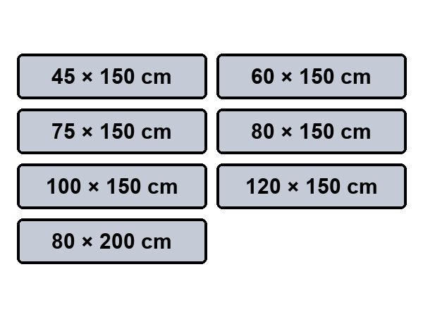 Größen des Verdunkelungsrollos Klemmfix von 45 × 150 bis 120 × 150 cm und 80 × 200 cm
