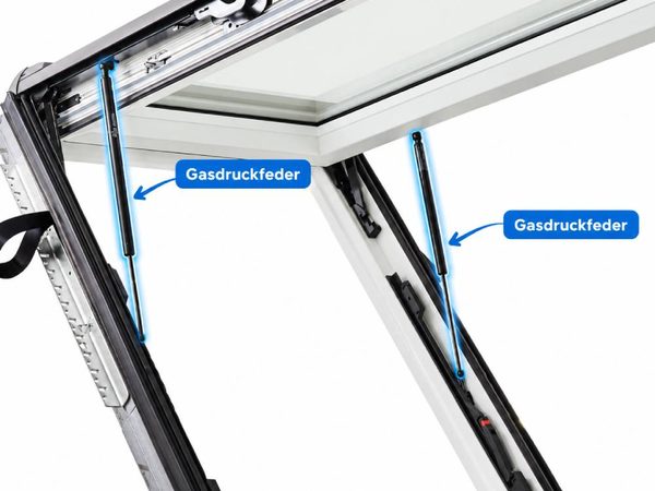 Gasdruckfedern links und rechts an einem geöffneten Roto R6 Dachfenster