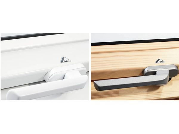 Roto Fenstergriff R4 / R7 in Weiß am Kunststofffenster und in Weiß-Aluminium am Holzfenster