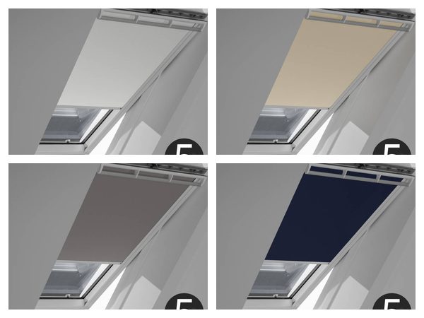 Verdunkelungsrollos im VELUX Set DOP in Weiß, Hellbeige, Grau und Dunkelblau