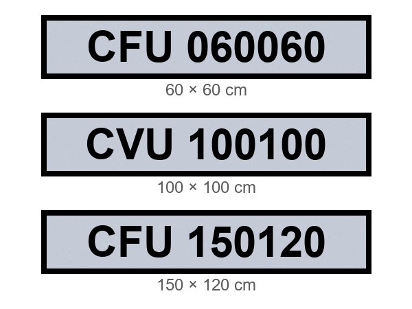 VELUX Flachdach-Typenschilder CFU 060060, CVU 100100 und CFU 150120 mit Größe in cm