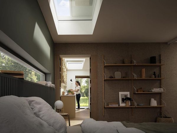 VELUX Flachdach-Verdunkelungsrollo DSU im Schlafzimmer