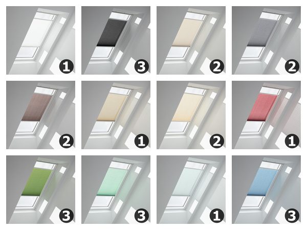 Stoffe des VELUX Faltstores FHL in Weiß, Grau, Beige, Rot, Grün und Blau
