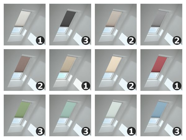 Stoffe des VELUX Elektro-Faltstores FML in Weiß, Beige, Grau, Rot, Grün und Blau