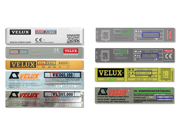 Typenschilder von VELUX Standardfenstern und Sonderfenstern im Vergleich