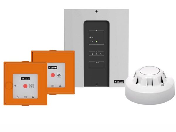VELUX RWA-Paket KFX S3054 mit Steuerzentrale, zwei orangen Hauptbedienstellen und Rauchmelder