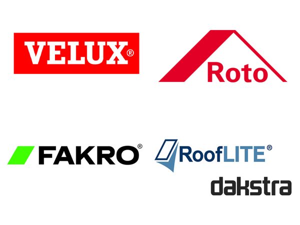 Logos von Velux, Roto, Fakro, Rooflite und Dakstra